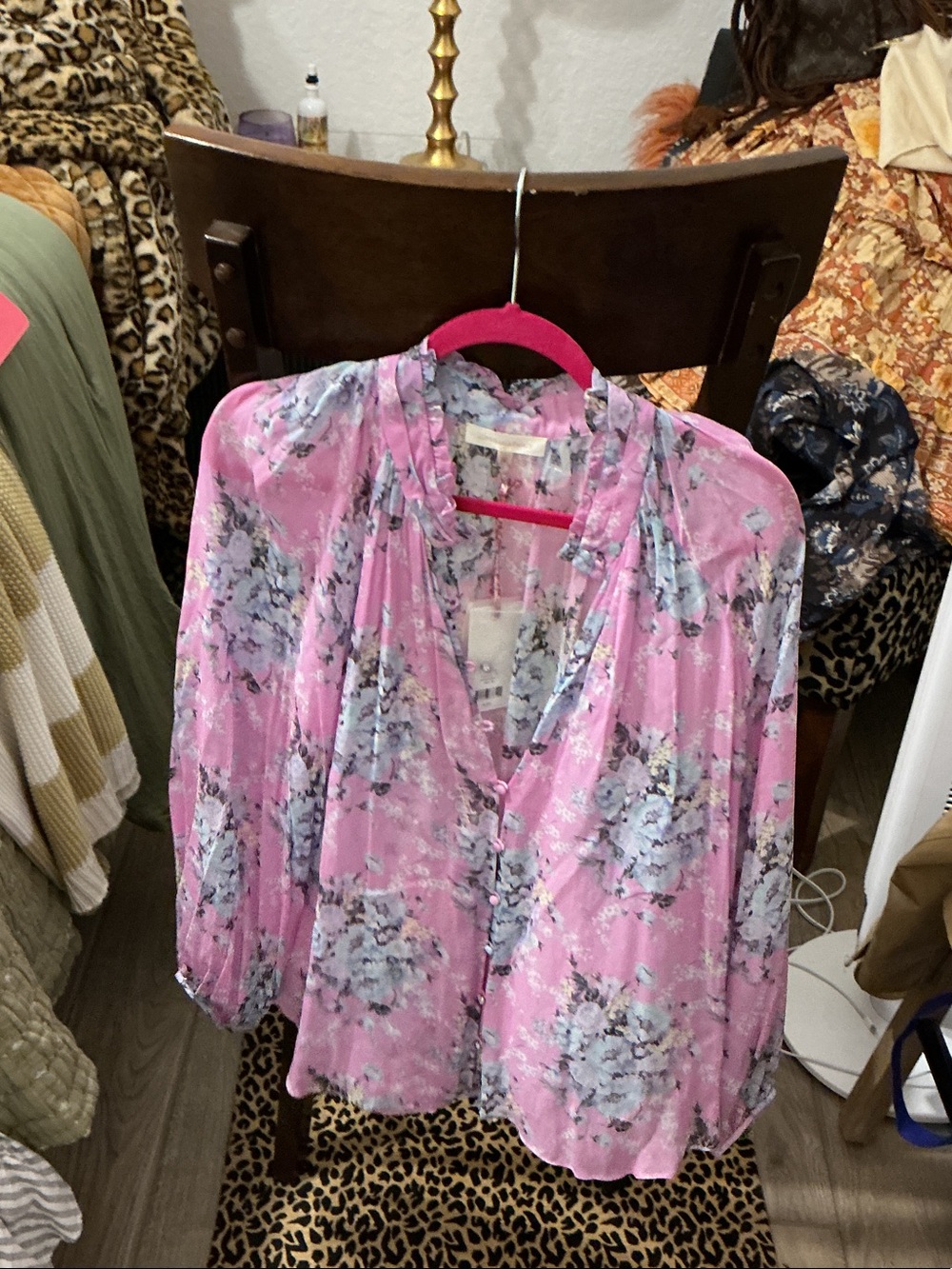 LoveShackFancy Pink Floral Ruffle V-Neck Blouse